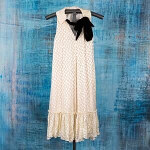Diane Von Furstenberg Cream Silk Trapeze Dress Black Velvety Bow Tiered Hem SZ 2